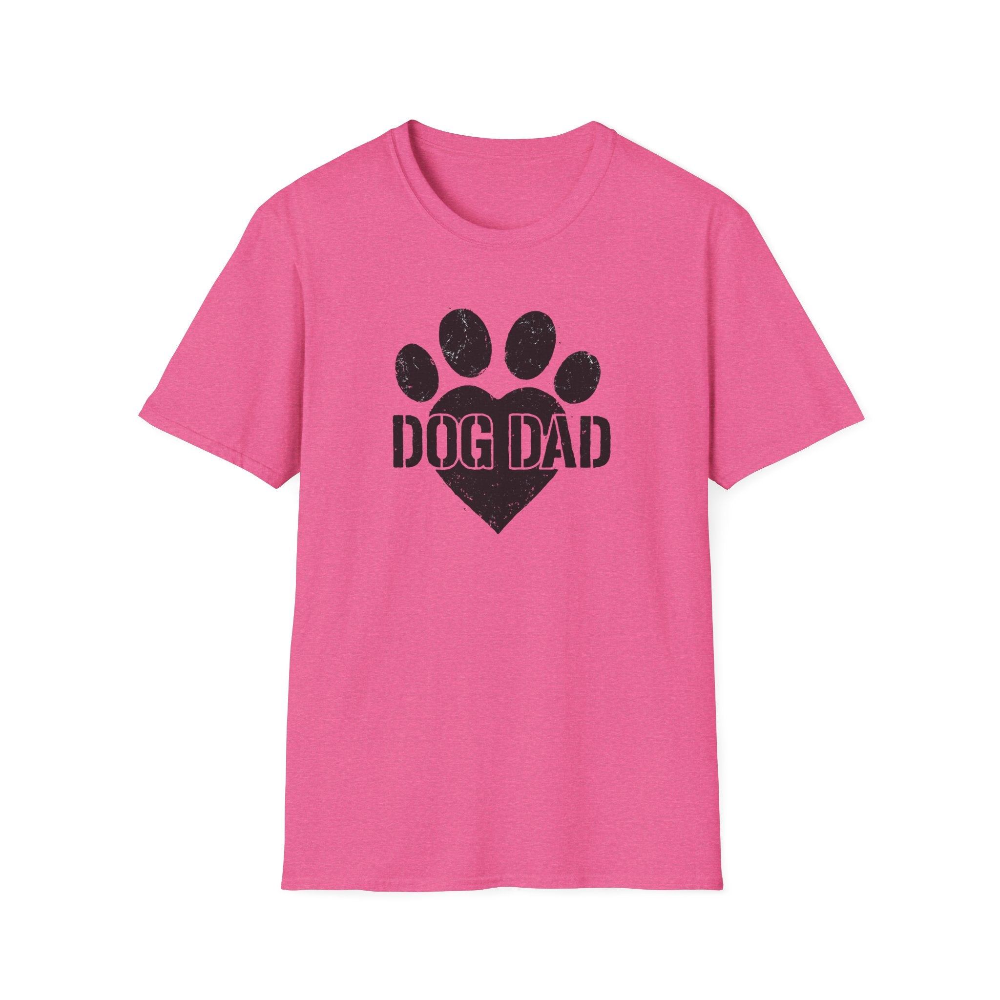 Pink t-shirt with black paw print and 'DOG DAD' text on a white background