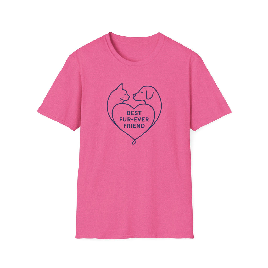 Pink t-shirt with a heart design featuring a cat and dog and text 'Best Fur-Ever Friend' on a white background.