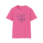 Pink t-shirt with a heart design featuring a cat and dog and text 'Best Fur-Ever Friend' on a white background.