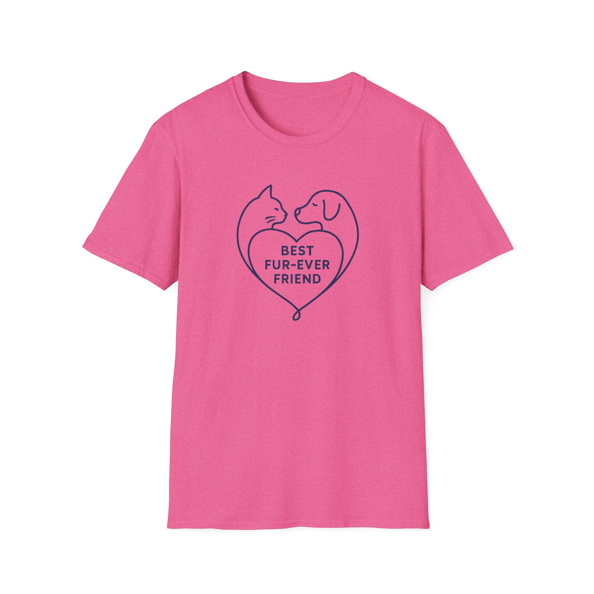 Pink t-shirt with a heart design featuring a cat and dog and text 'Best Fur-Ever Friend' on a white background.
