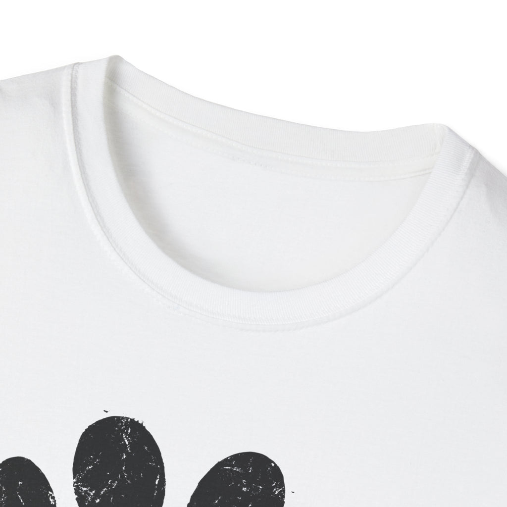 White t-shirt with black paw print design on a white background