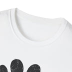 White t-shirt with black paw print design on a white background