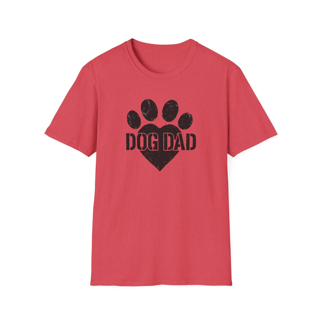 Red t-shirt with black paw print and 'DOG DAD' text on a white background