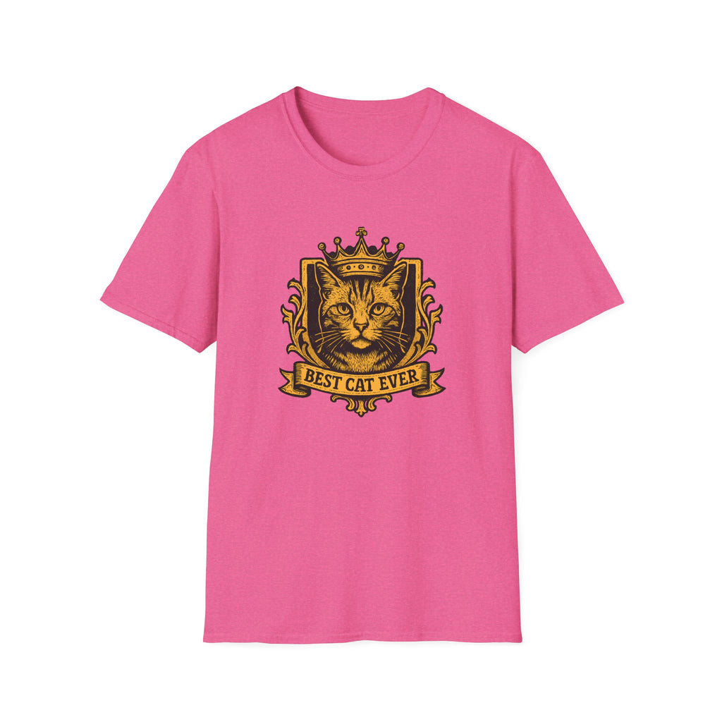 Pink t-shirt with a cat graphic and 'Best Cat Ever' text on a white background
