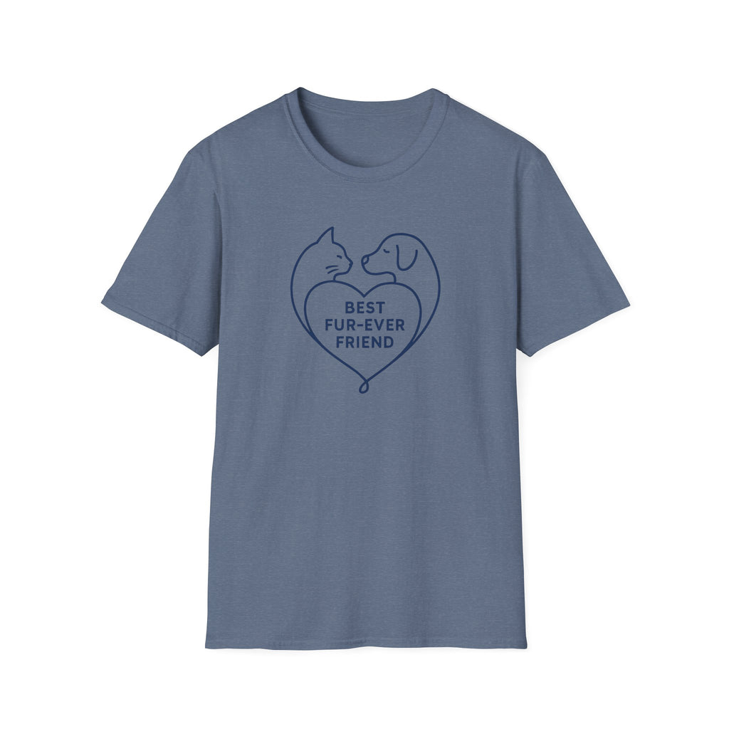 Blue t-shirt with a heart design featuring a cat and dog and text 'BEST FUR-EVER FRIEND' on a white background.