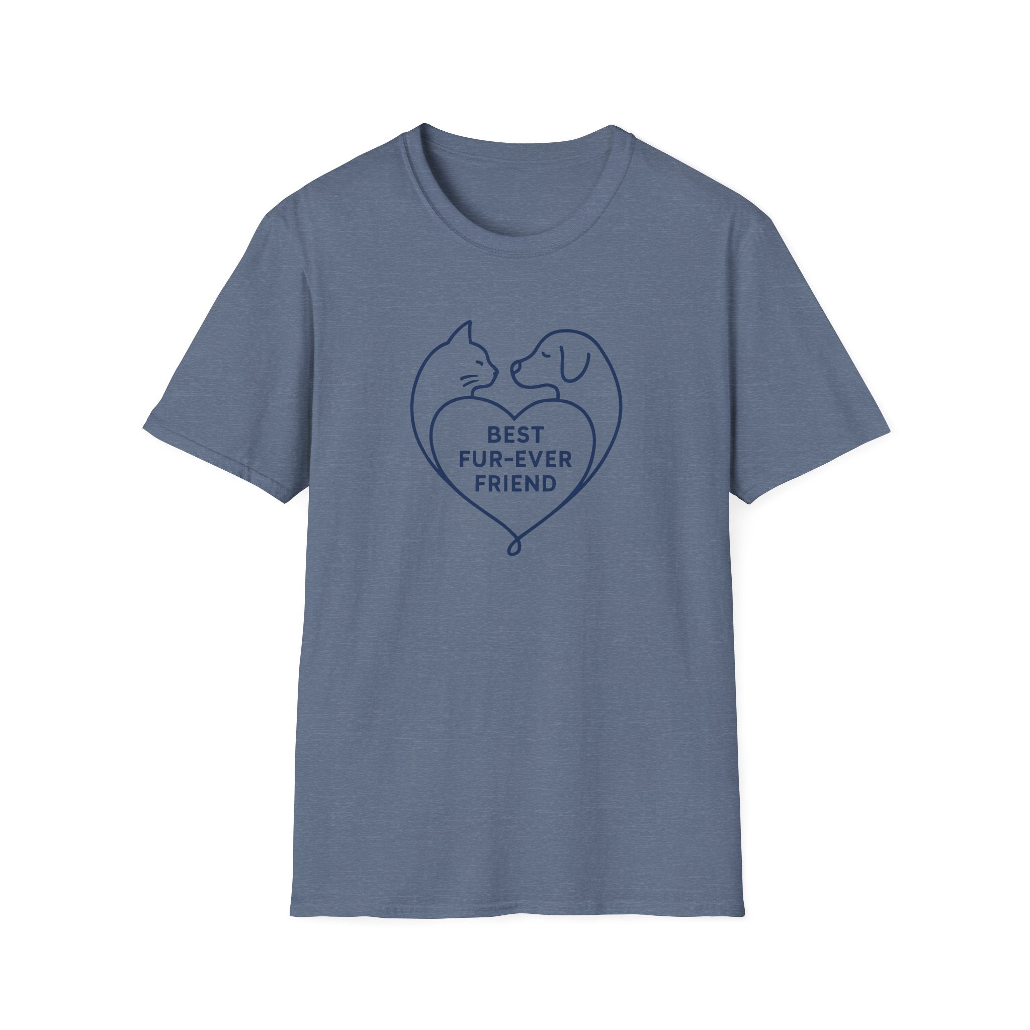 Blue t-shirt with a heart design featuring a cat and dog and text 'BEST FUR-EVER FRIEND' on a white background.