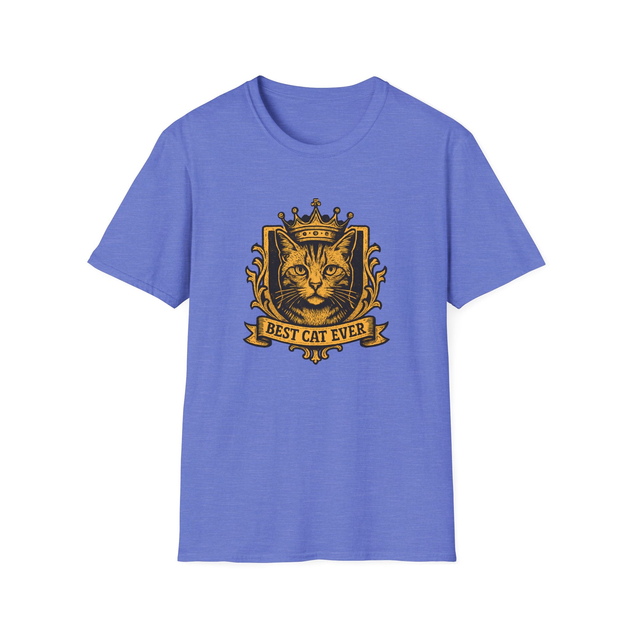 Blue t-shirt with a cat graphic and 'Best Cat Ever' text on a white background