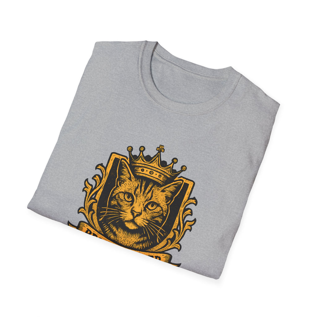 Folded gray t-shirt with a yellow and black cat design on a white background