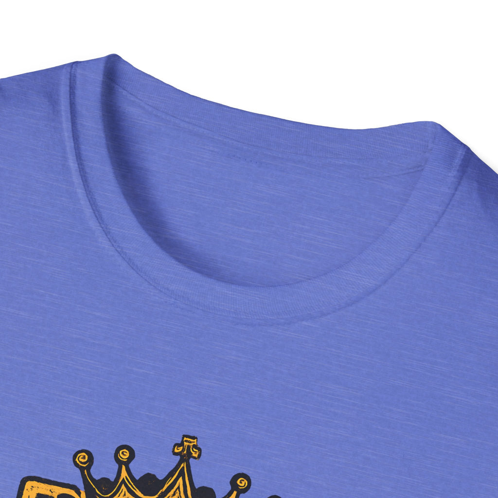Close-up of a blue shirt with a crown design on a white background