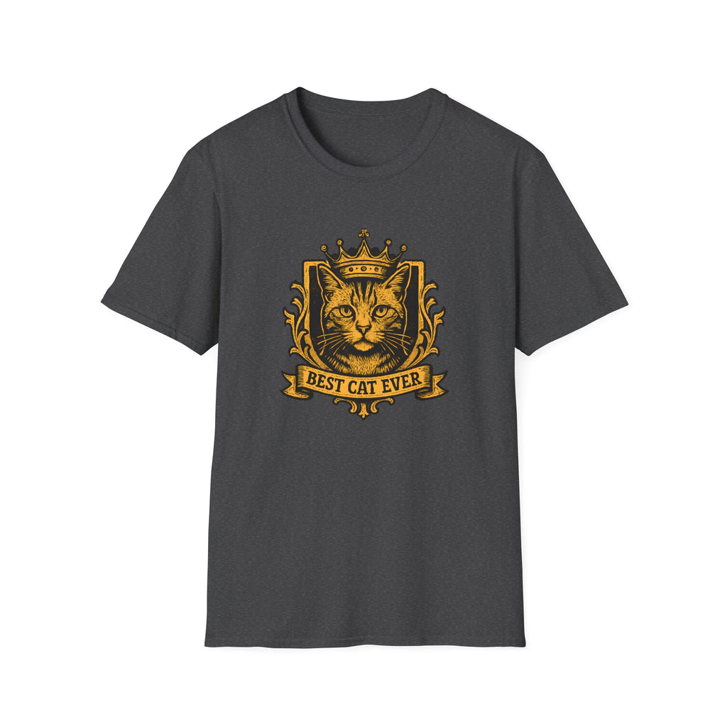 Dark gray t-shirt with a gold cat graphic and 'Best Cat Ever' text on a white background