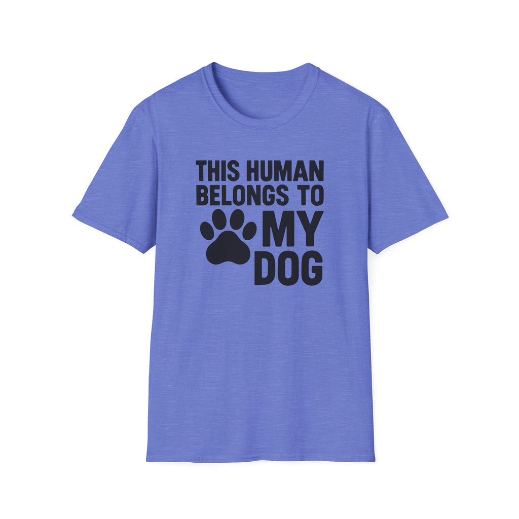 Blue t-shirt with black text and paw print on a white background