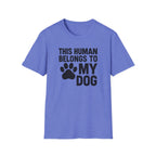 Blue t-shirt with black text and paw print on a white background