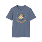 Blue t-shirt with a hamster graphic and 'Keep Rolling' text on a white background