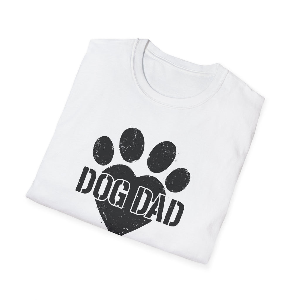 White t-shirt with 'DOG DAD' print on a white background