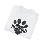 White t-shirt with 'DOG DAD' print on a white background