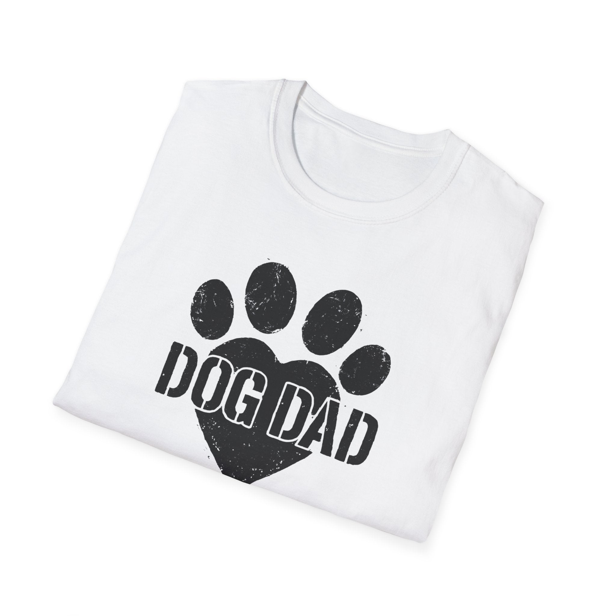 White t-shirt with 'DOG DAD' print on a white background