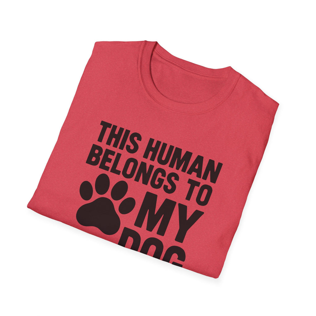 Folded red t-shirt with black text and paw print on a white background