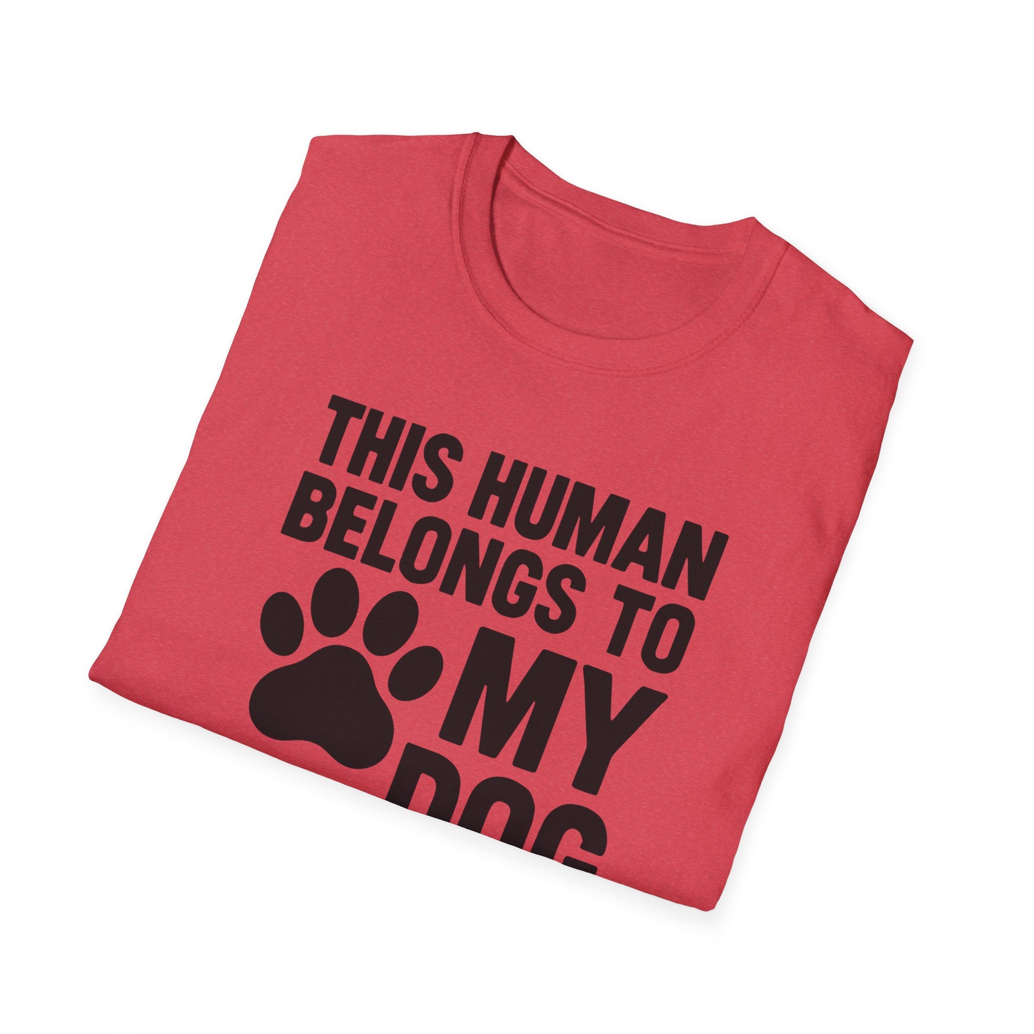 Folded red t-shirt with black text and paw print on a white background