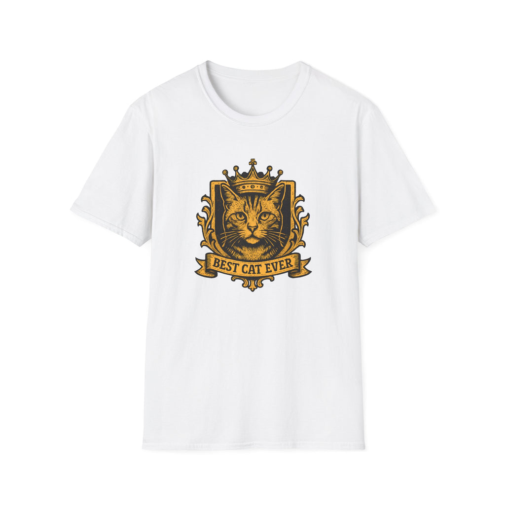 White t-shirt with a cat graphic and 'Best Cat Ever' text on a white background