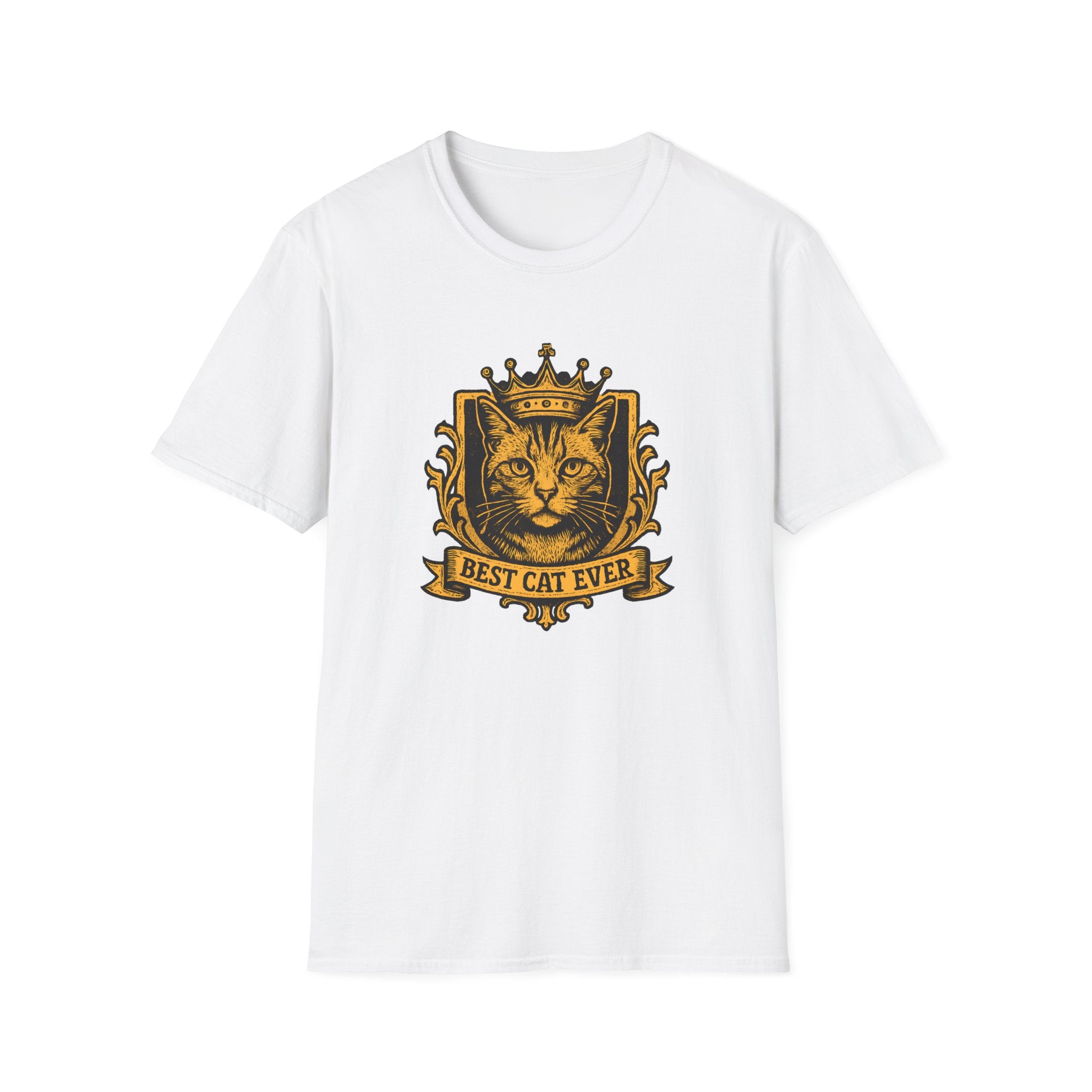 White t-shirt with a cat graphic and 'Best Cat Ever' text on a white background