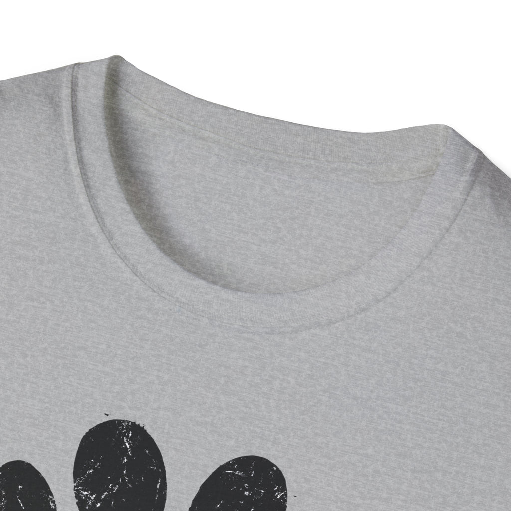 Gray t-shirt with black paw print design on a white background