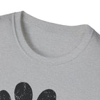 Gray t-shirt with black paw print design on a white background