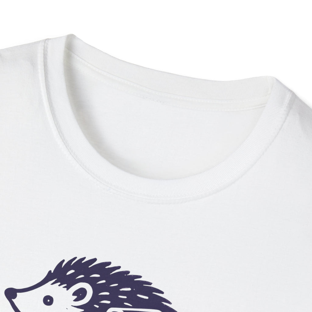 White t-shirt with a hedgehog design on a white background