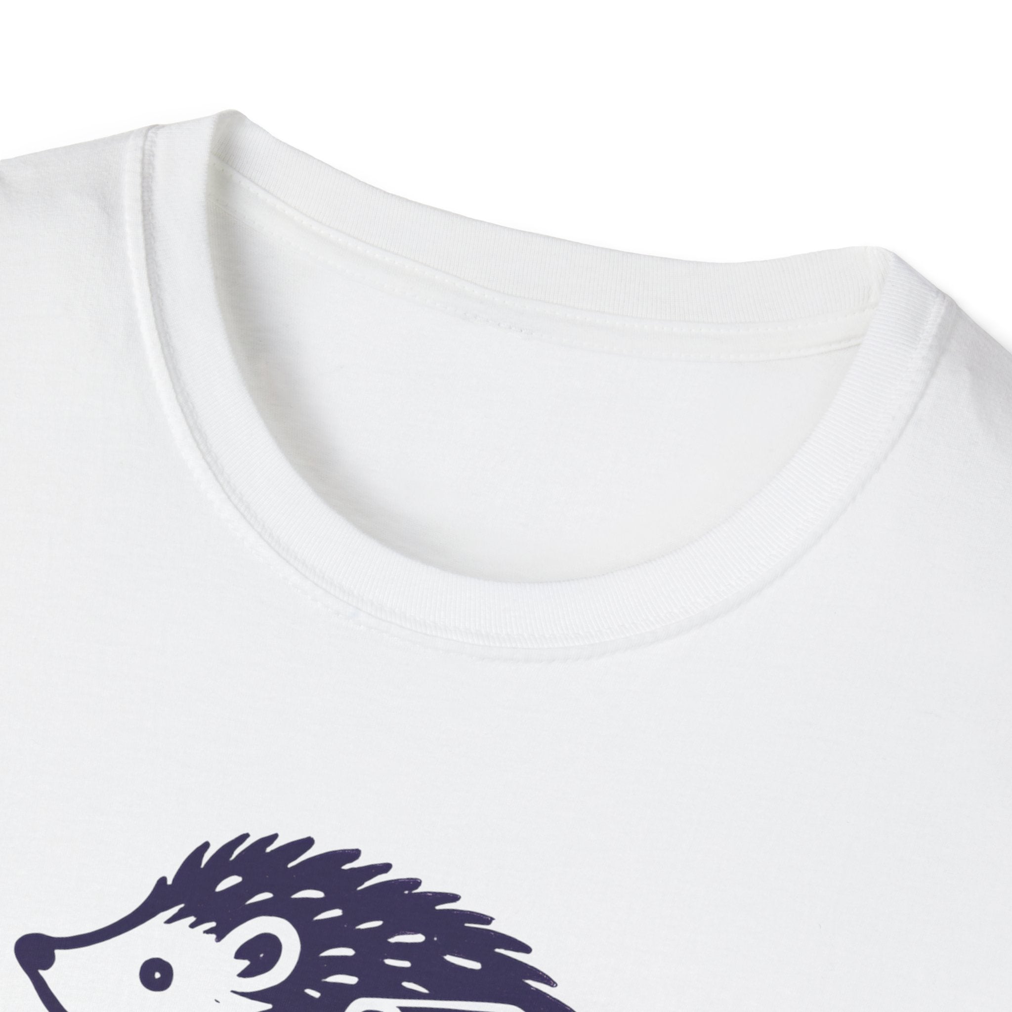 White t-shirt with a hedgehog design on a white background