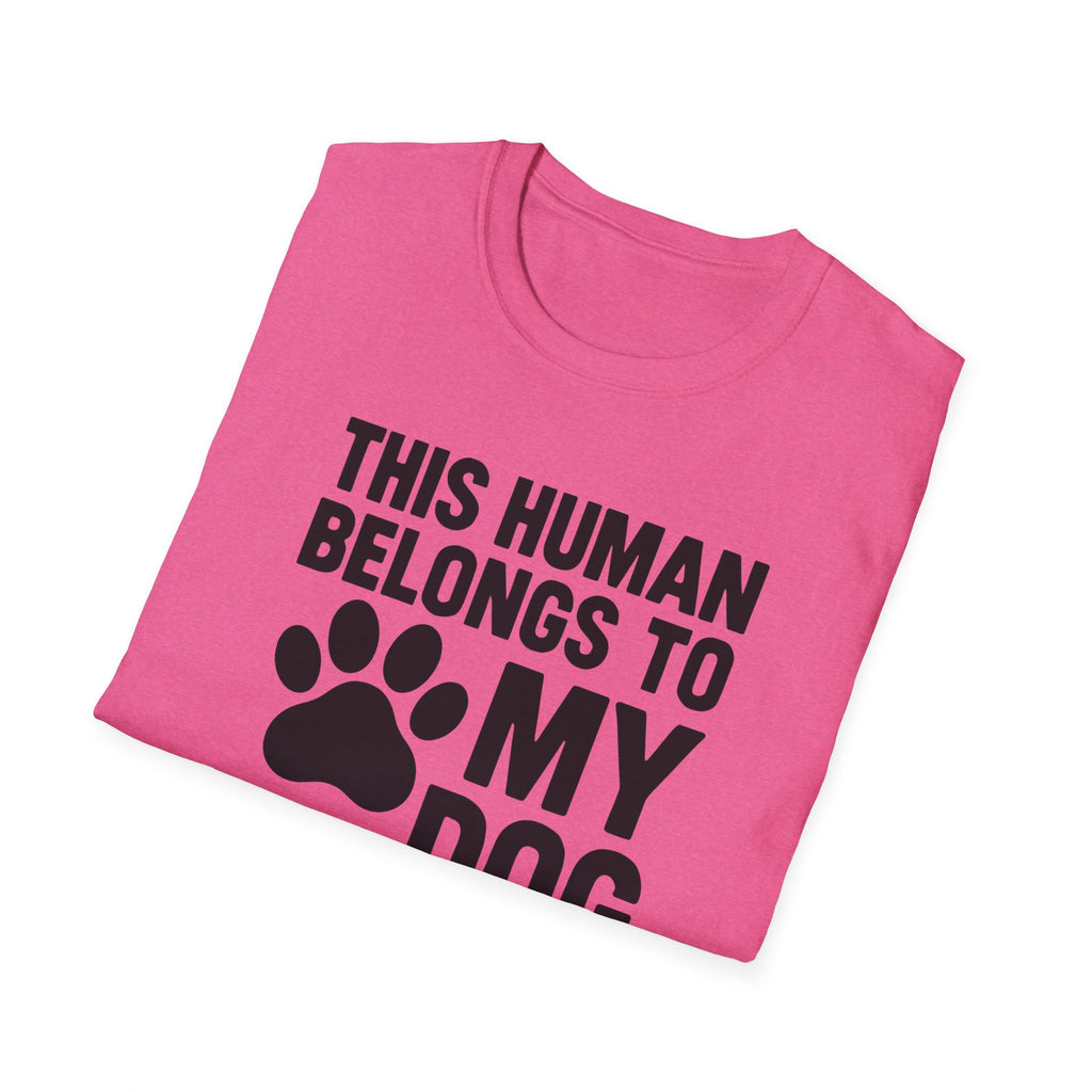 Pink t-shirt with black text and paw print on a white background