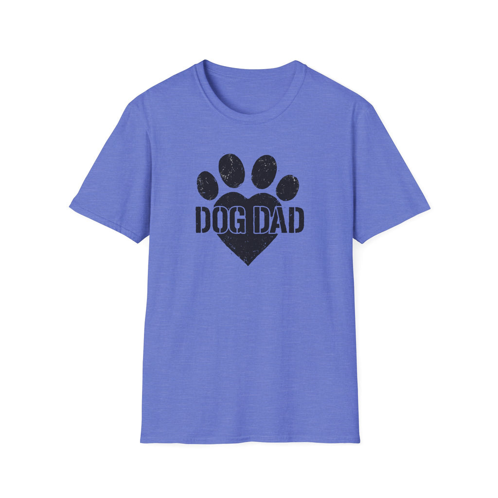 Blue t-shirt with 'DOG DAD' and paw print design on a white background