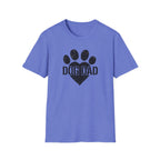 Blue t-shirt with 'DOG DAD' and paw print design on a white background
