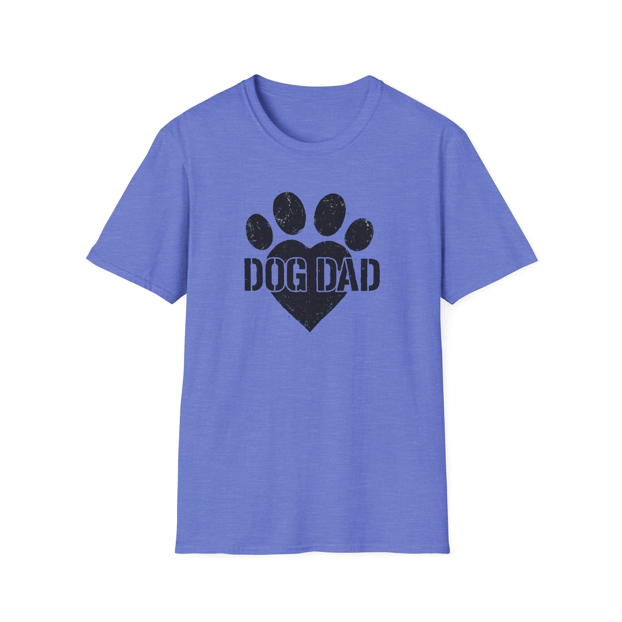 Blue t-shirt with 'DOG DAD' and paw print design on a white background