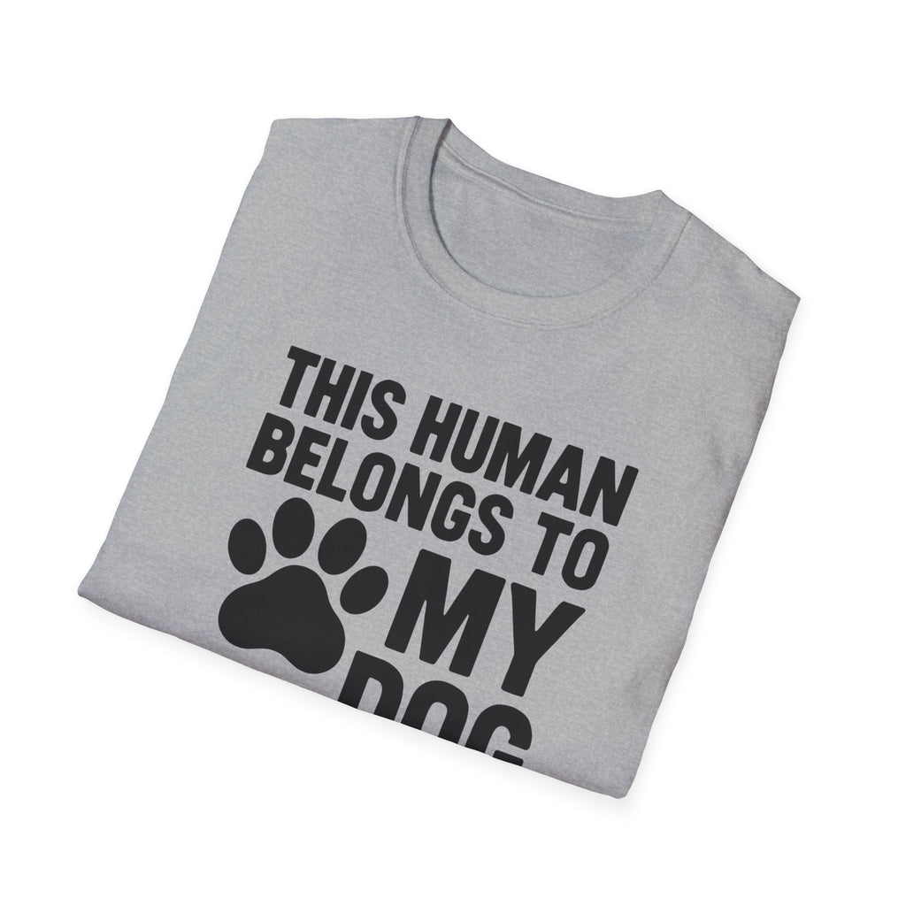 Folded gray t-shirt with black text and paw print on a white background