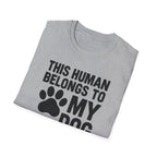 Folded gray t-shirt with black text and paw print on a white background