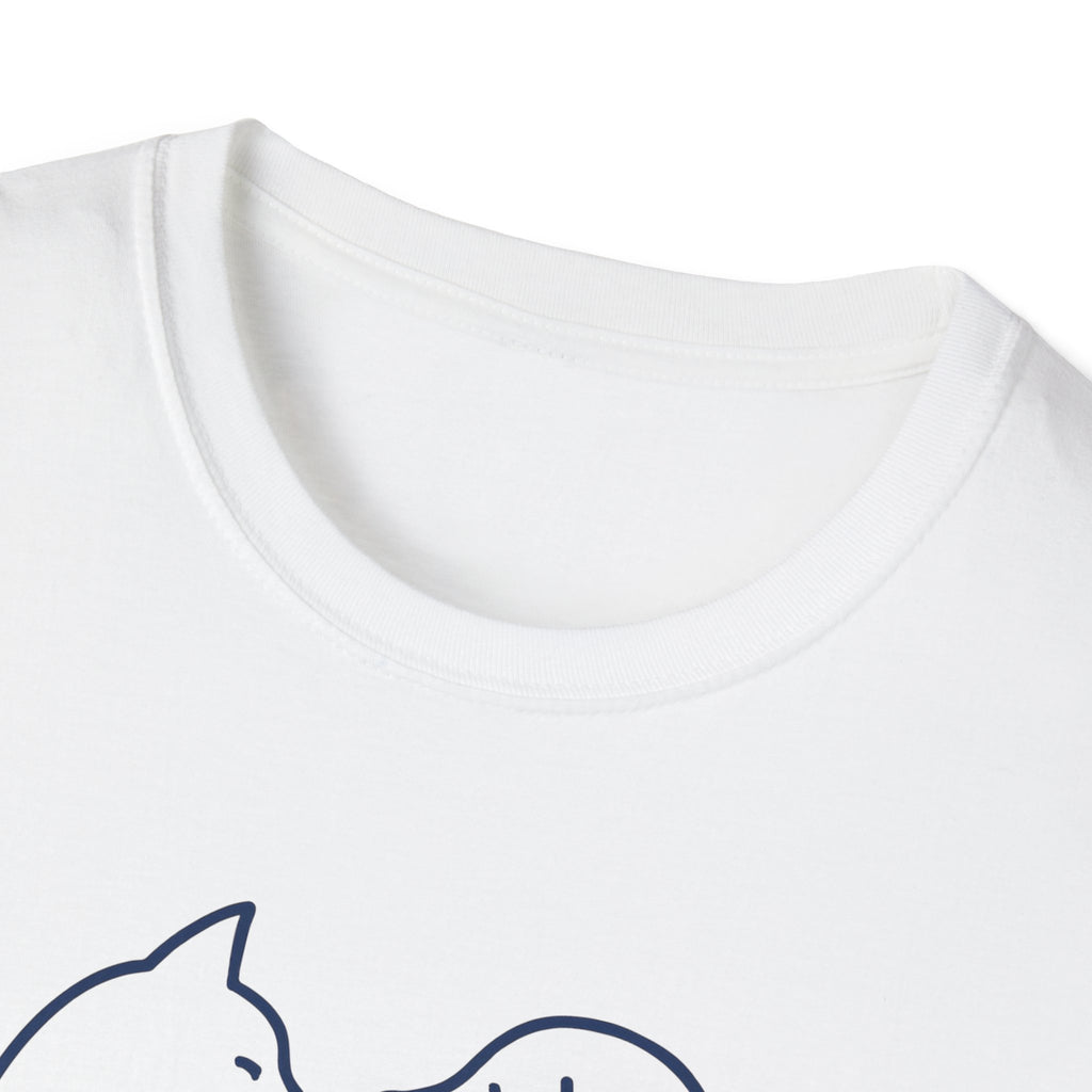 White t-shirt with a blue cat design on a white background