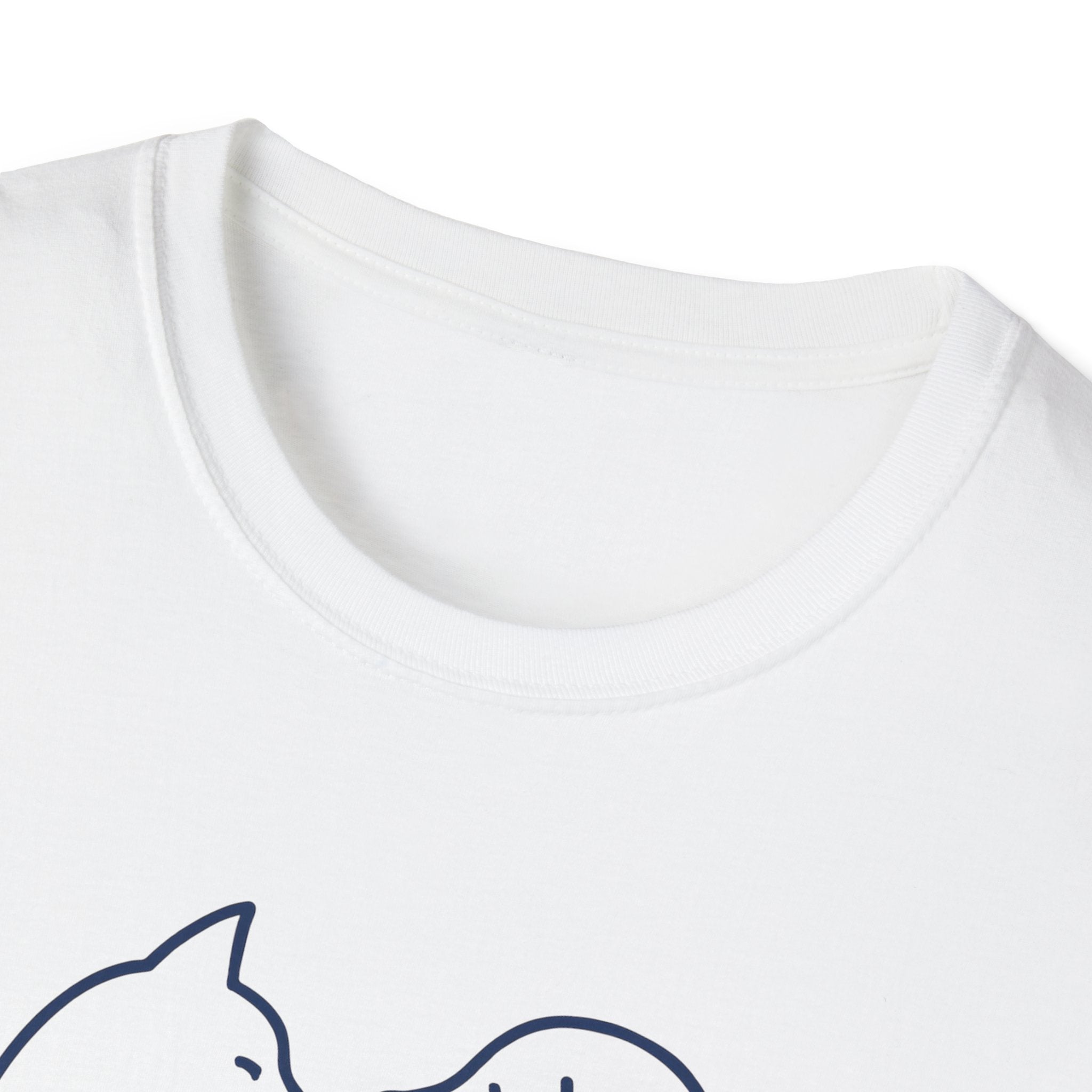 White t-shirt with a blue cat design on a white background
