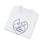 White t-shirt with a heart design featuring a cat and dog and text 'Best Fur-ever Friend' on a white background.