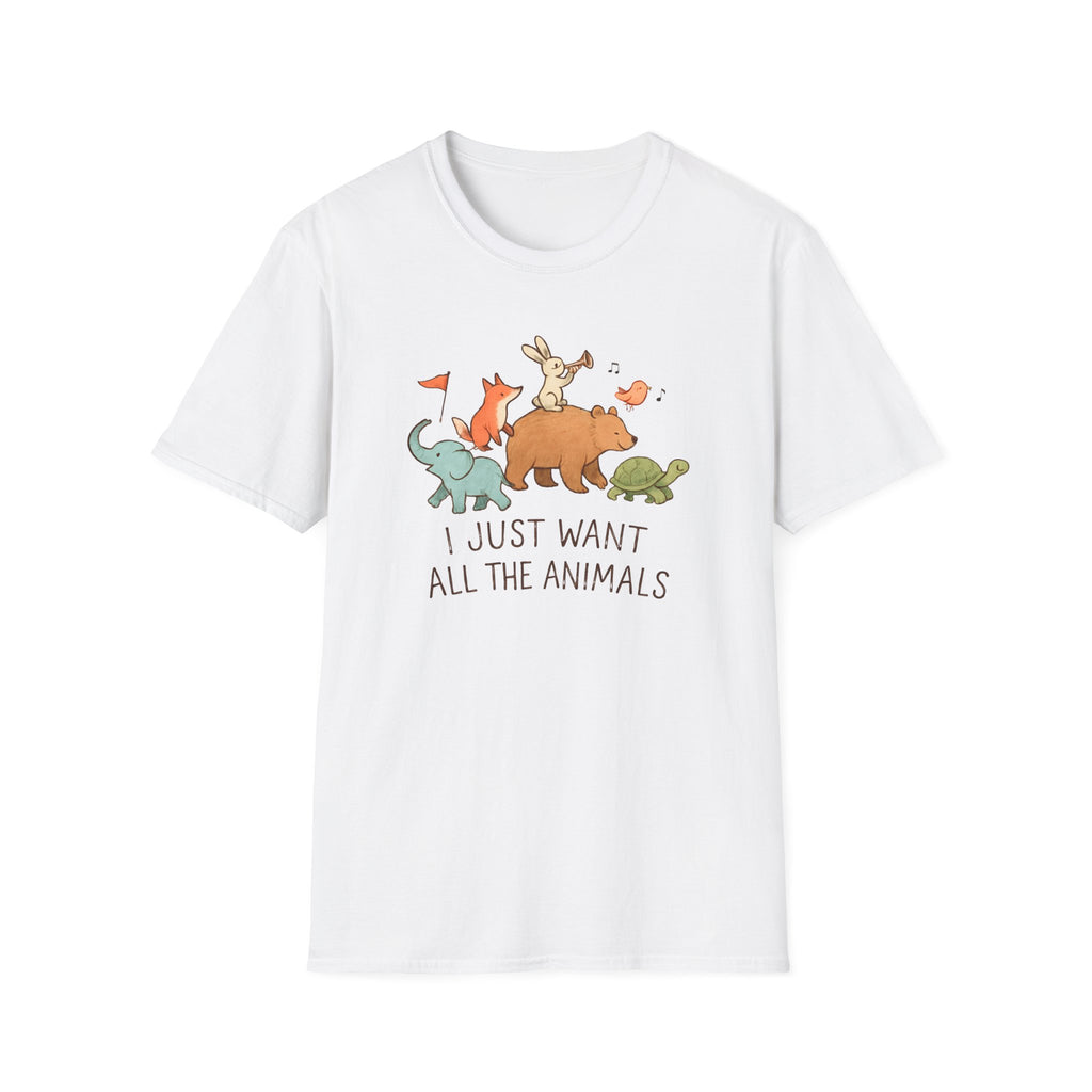 White t-shirt with cartoon animals and text on a white background