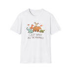 White t-shirt with cartoon animals and text on a white background