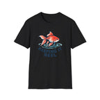 Black t-shirt with a goldfish graphic and 'Keeping It Reel' text on a white background