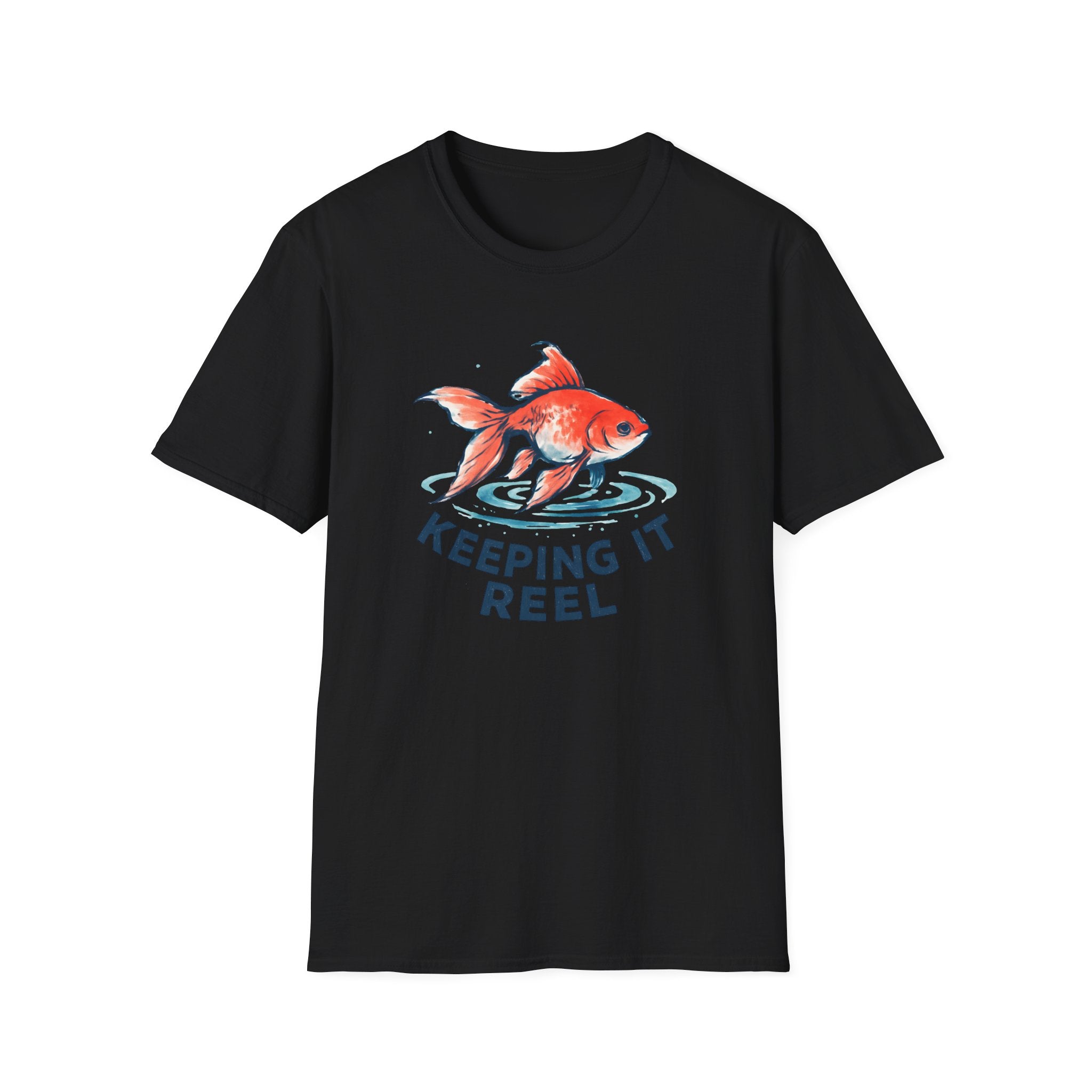 Black t-shirt with a goldfish graphic and 'Keeping It Reel' text on a white background