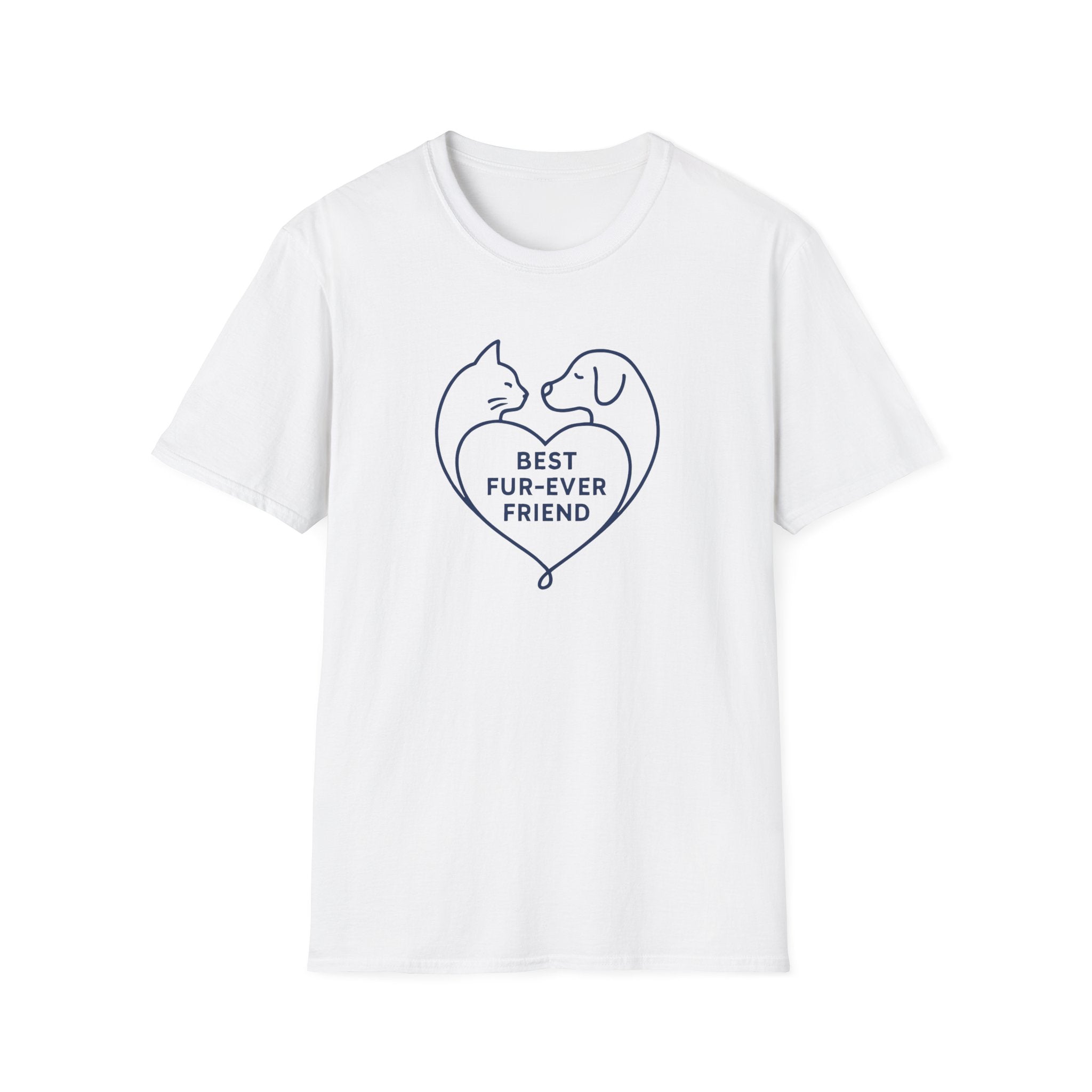 White t-shirt with a heart design featuring two dogs and the text 'Best Fur-Ever Friend' on a white background.