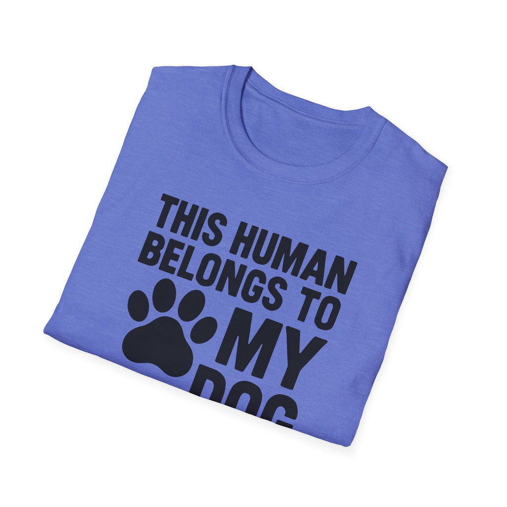 Folded blue t-shirt with black text and paw print design on a white background