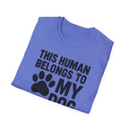 Folded blue t-shirt with black text and paw print design on a white background