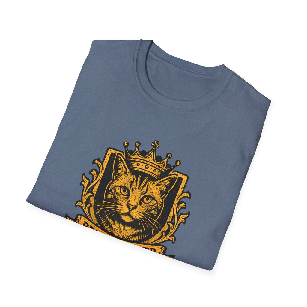 Folded blue t-shirt with a gold cat wearing a crown design on a white background