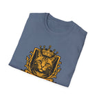 Folded blue t-shirt with a gold cat wearing a crown design on a white background
