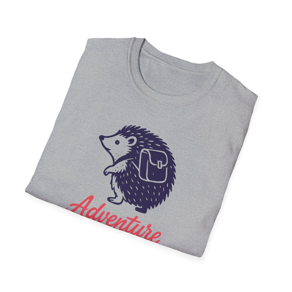 Folded gray t-shirt with a purple hedgehog and red 'Adventure' text on a white background