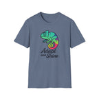 Blue t-shirt with a colorful chameleon graphic and 'Adapt and Shine' text on a white background