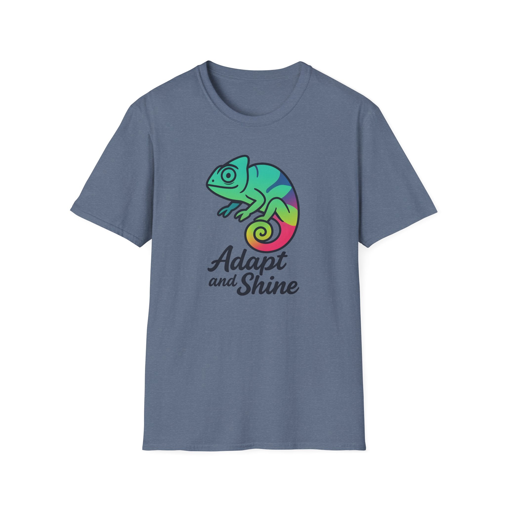 Blue t-shirt with a colorful chameleon graphic and 'Adapt and Shine' text on a white background