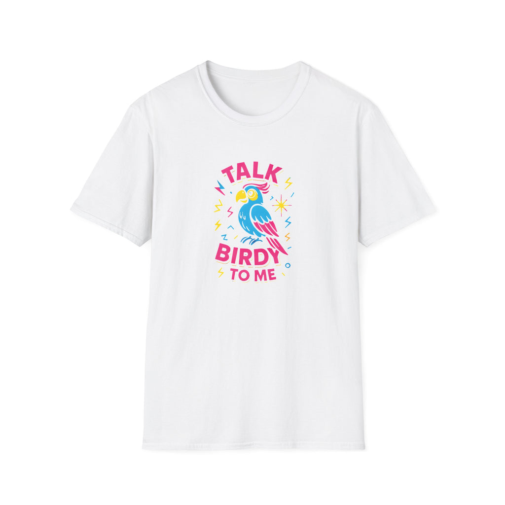 White t-shirt with a colorful parrot graphic and text on a white background